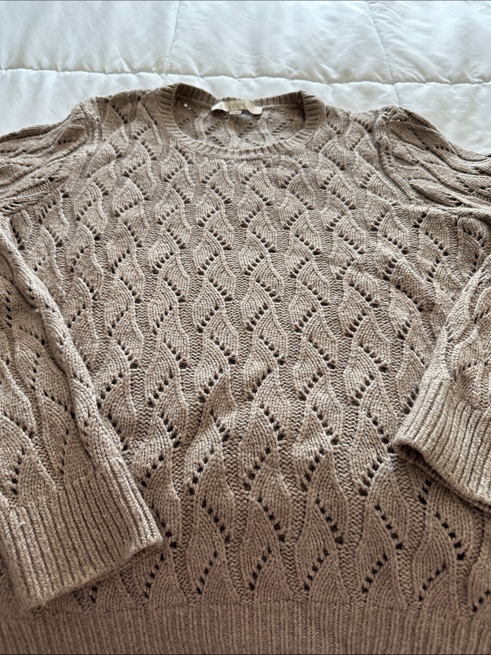 LOFT Neutral Taupe Open Cable Crewneck Sweater